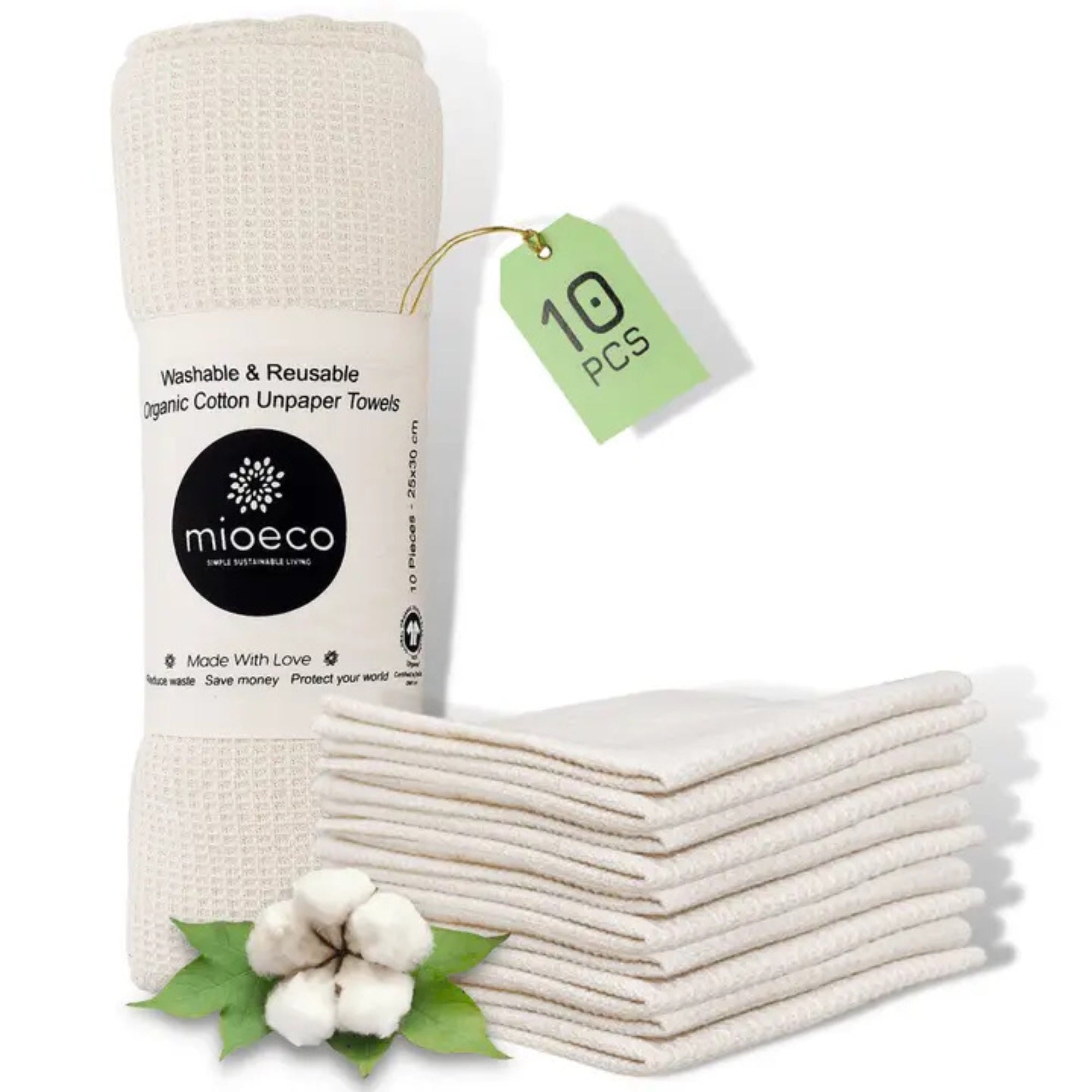 MioEco 10 Pack Reusable Paper Towels – Organic Cotton, Washable & Sustainable