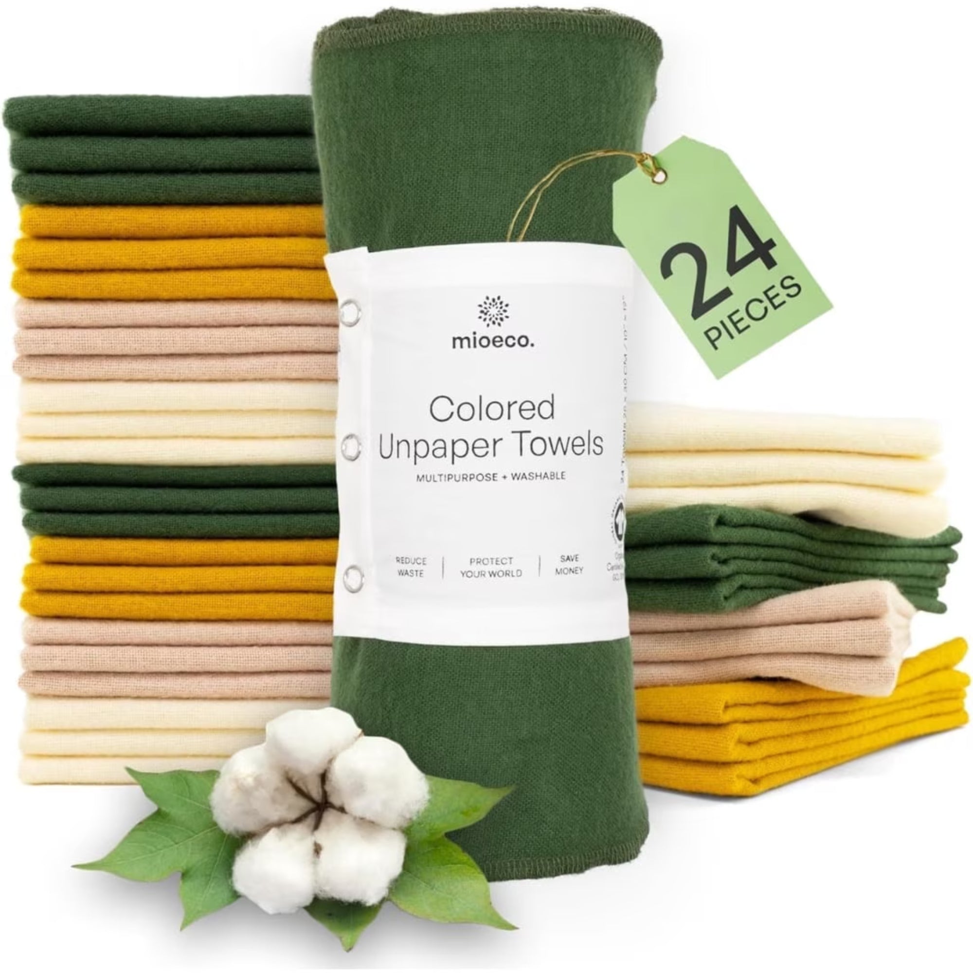 MioEco 24 Pack Multicolored Reusable Paper Towels – Organic Cotton, Eco-Friendly & Washable