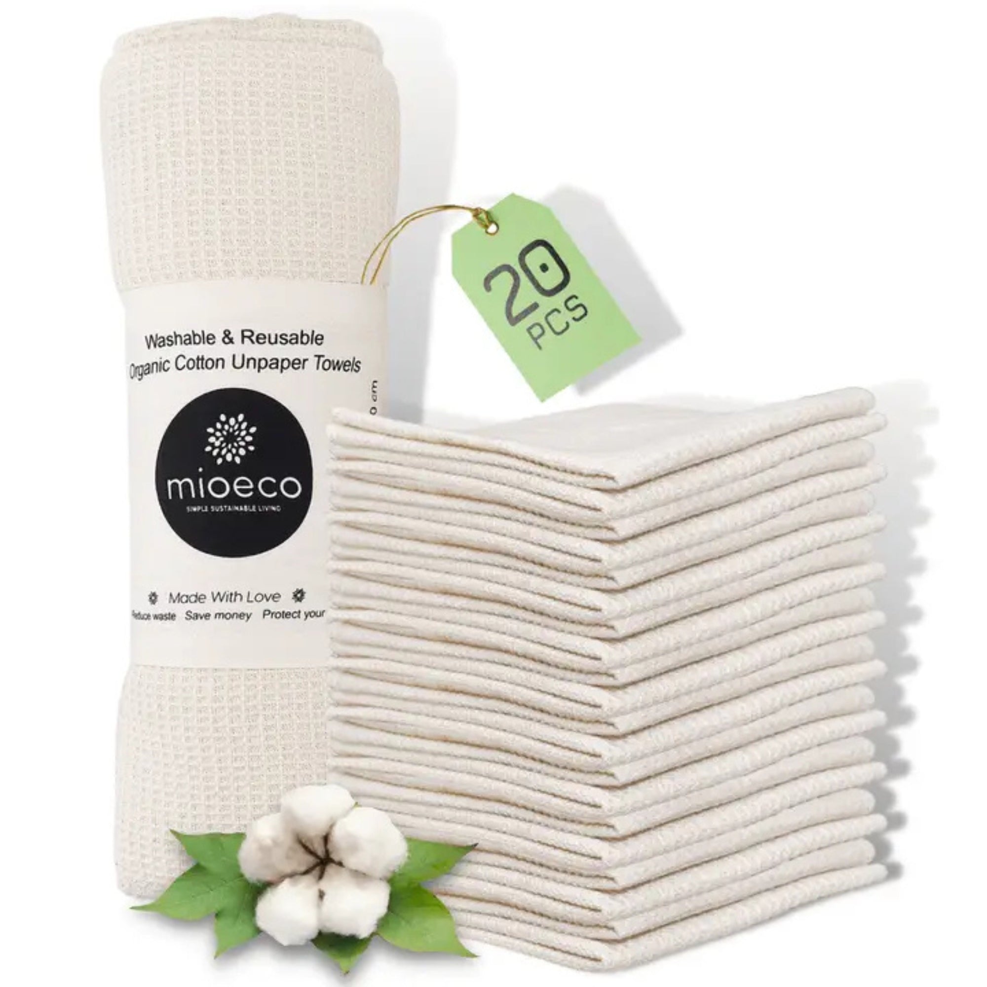MioEco 20 Pack Reusable Paper Towels – Organic Cotton, Washable & Sustainable