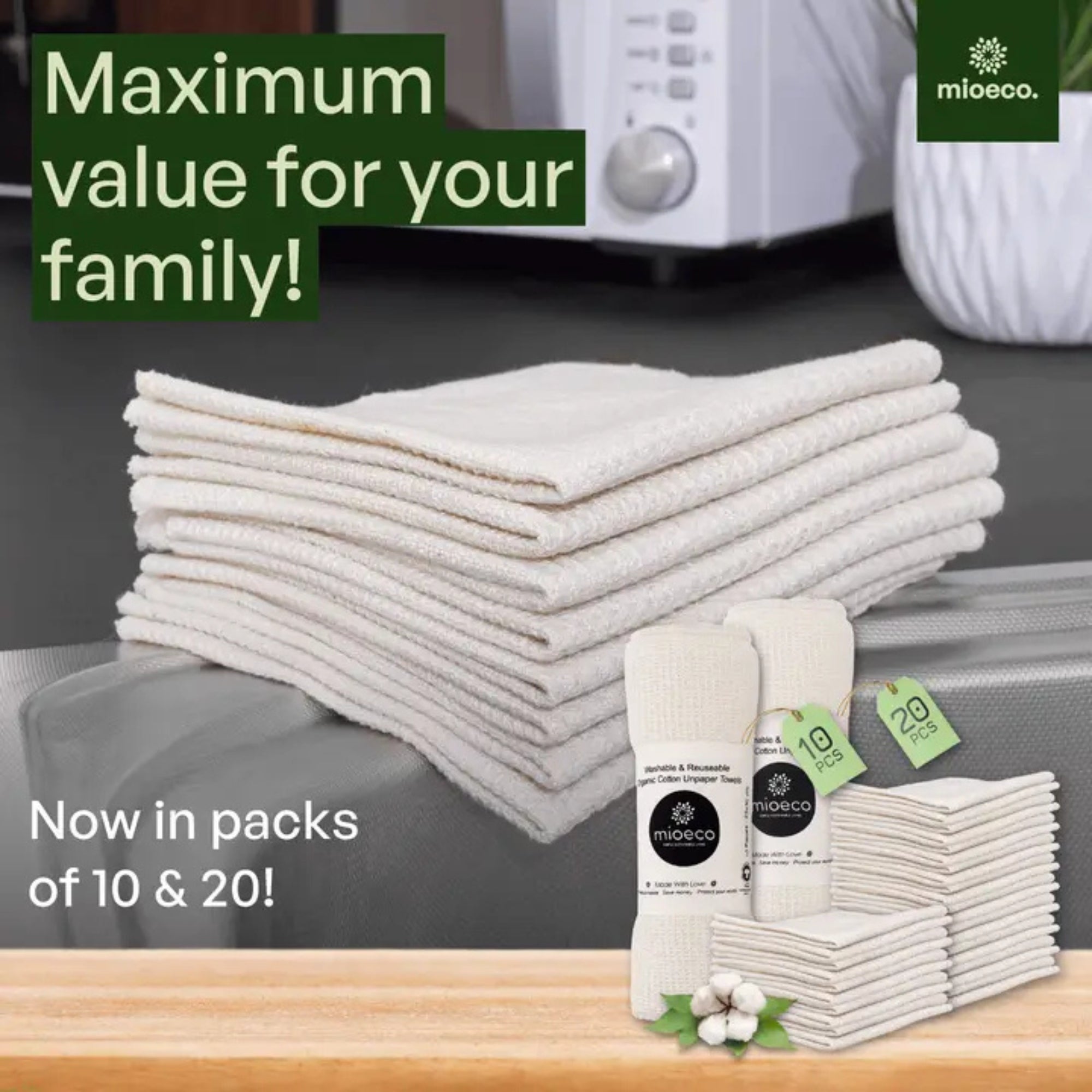 MioEco 20 Pack Reusable Paper Towels – Organic Cotton, Washable & Sustainable