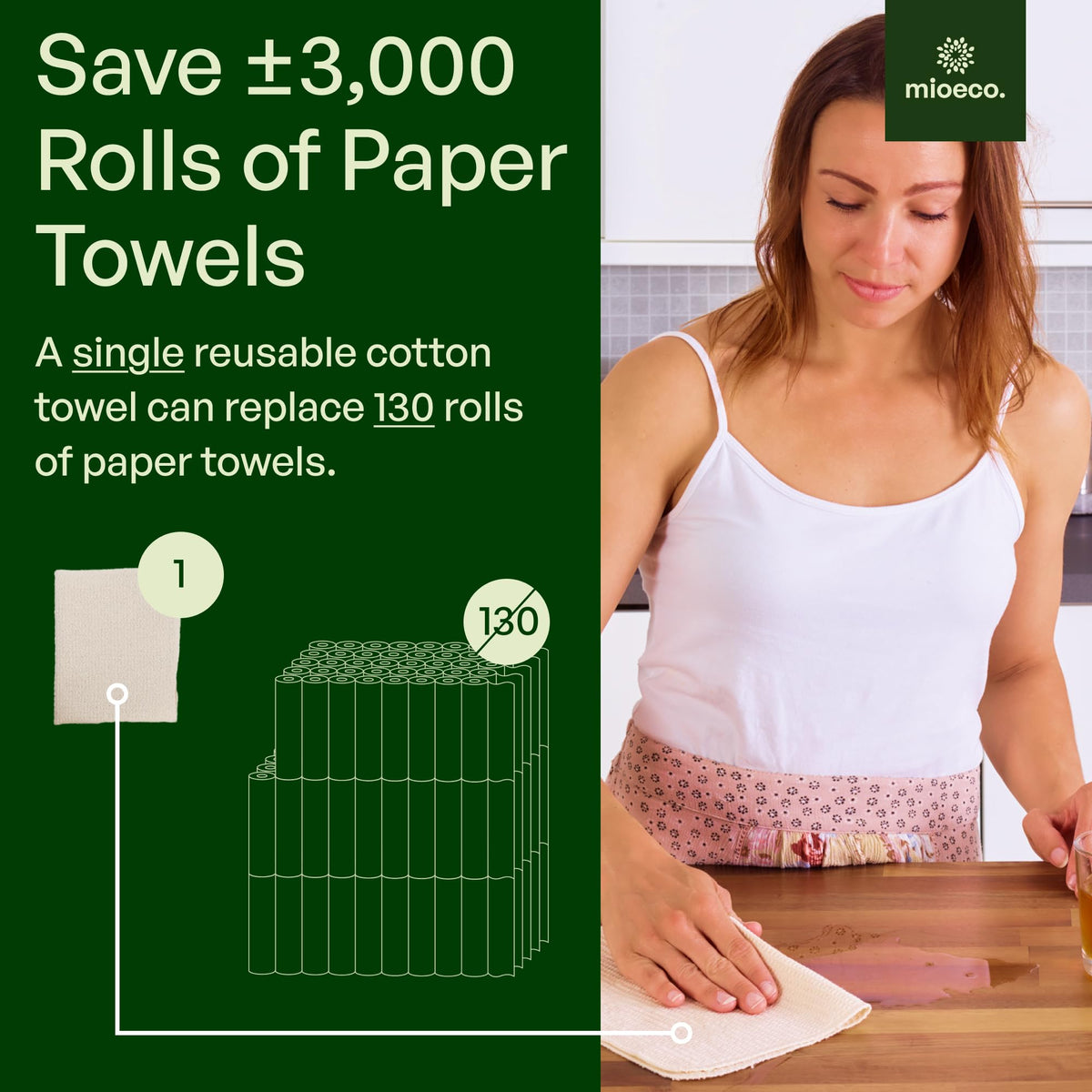 Woman wiping a kitchen counter with a MioEco Natural Calm reusable towel