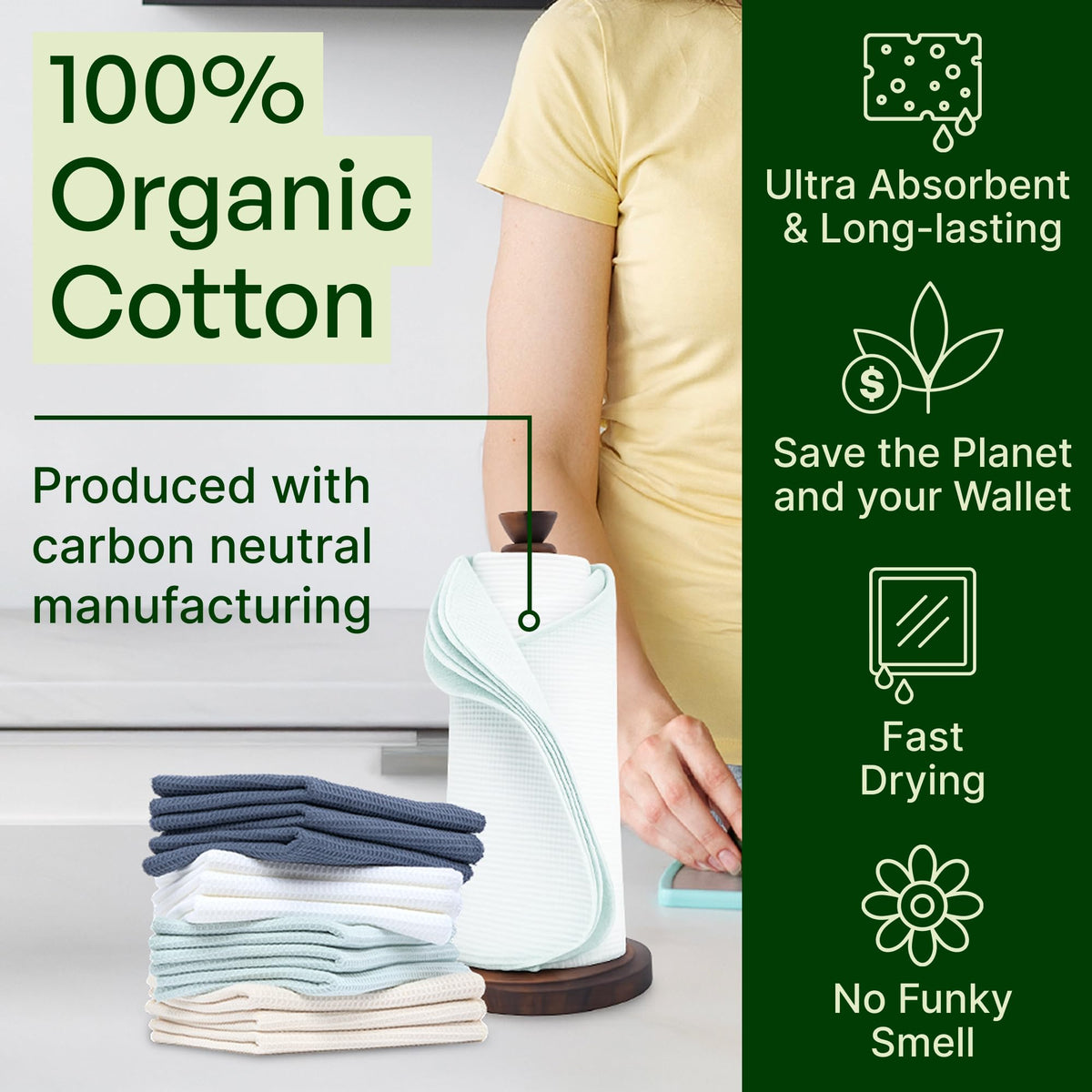 MioEco Coastal Breeze reusable towels in 100% organic cotton on a towel holder