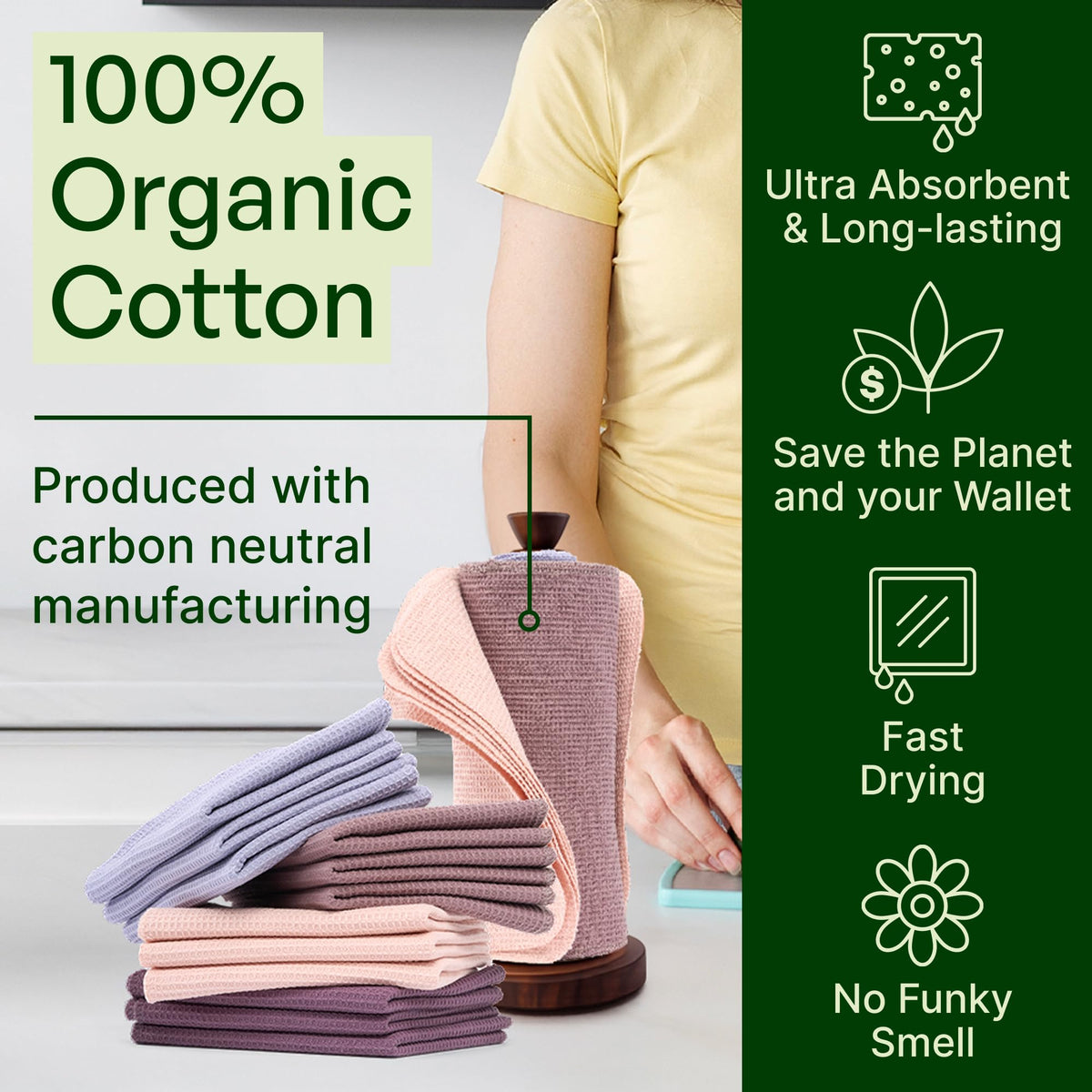 MioEco Blush Harmony reusable towels in 100% organic cotton on a towel holder