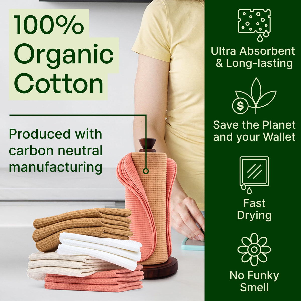 MioEco Warm Earth reusable towels in 100% organic cotton on a towel holder