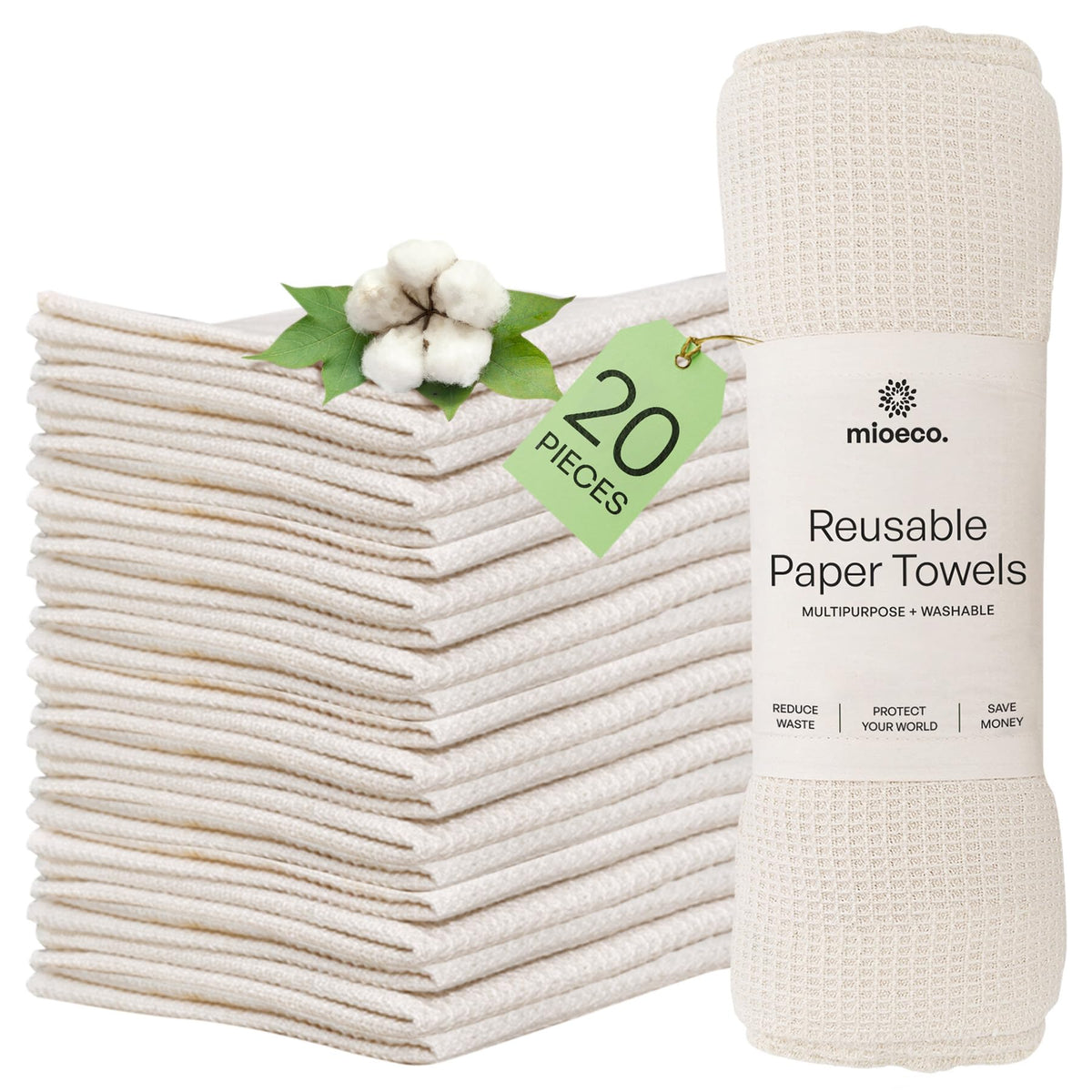 MioEco reusable paper towels, 20 pieces of GOTS certified organic cotton, rolled and stacked