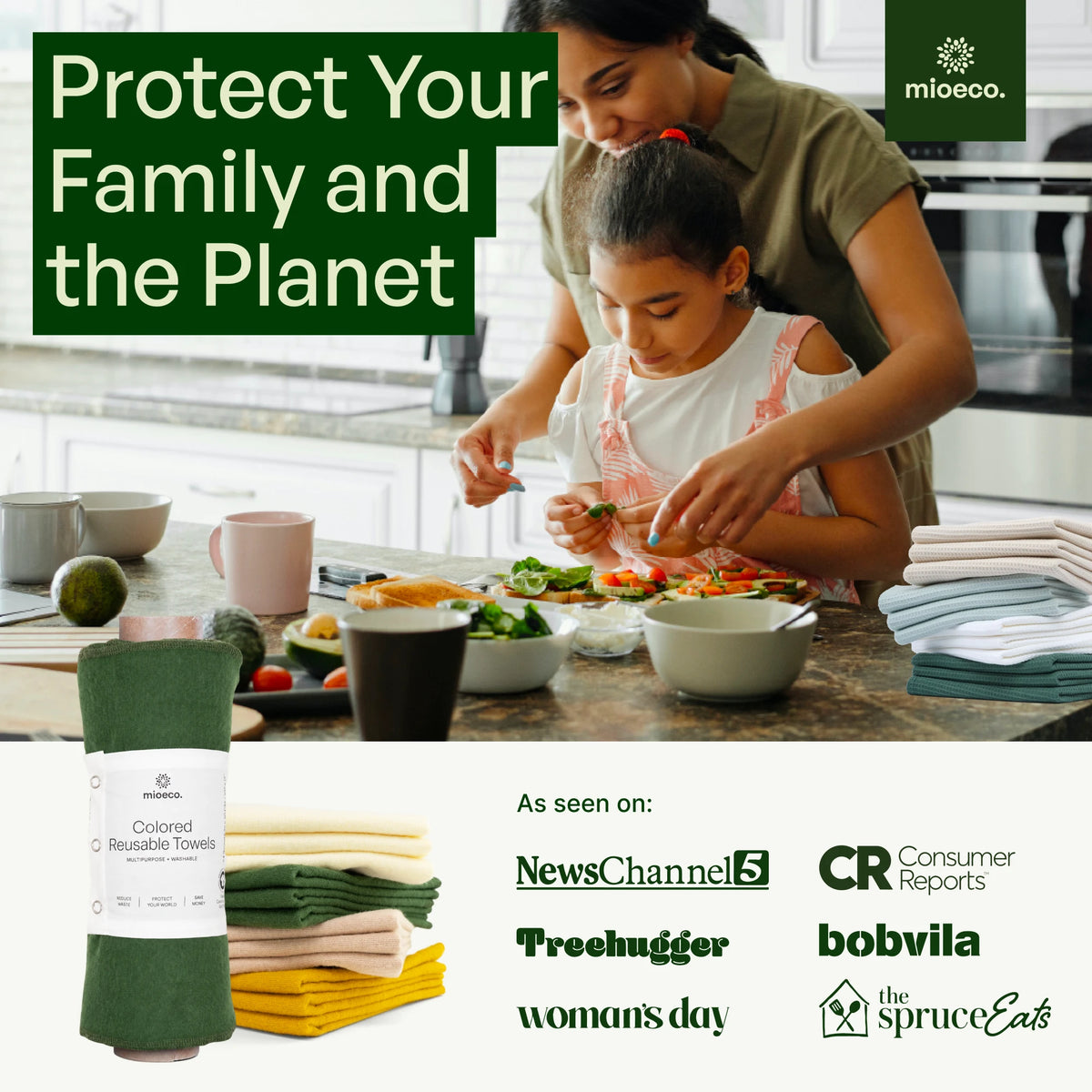 Mother and daughter making lunch in the kitchen with MioEco colored reusable towels