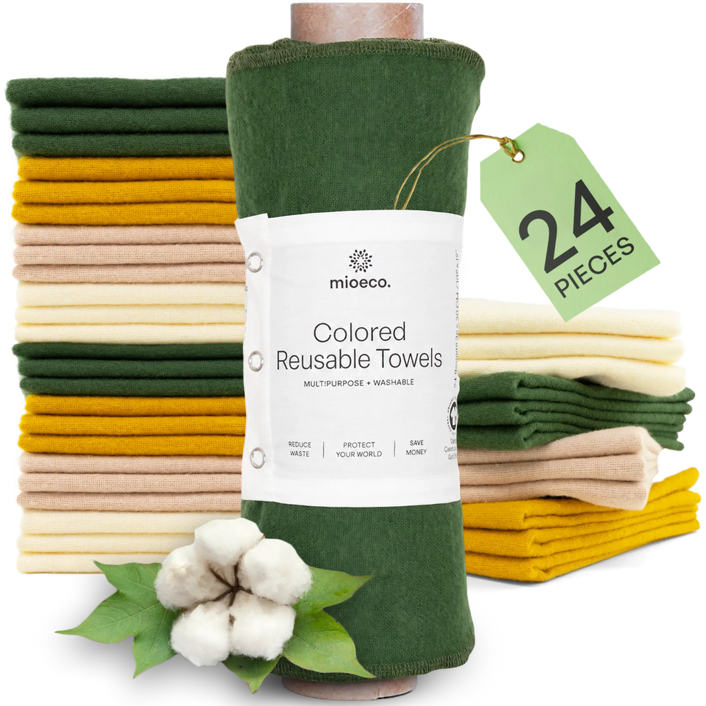 MioEco colored reusable towels, 24 pieces of organic cotton in green, yellow, beige and cream