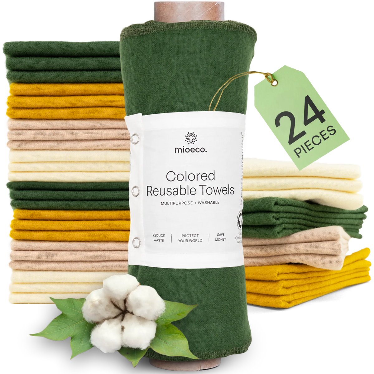 MioEco colored reusable towels, 24 pieces of organic cotton in green, yellow, beige and cream